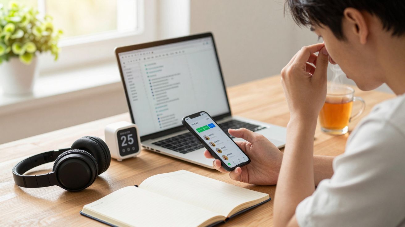 Homem trabalha no portátil e verifica o telemóvel numa mesa com auscultadores, chávena de chá e bloco de notas.