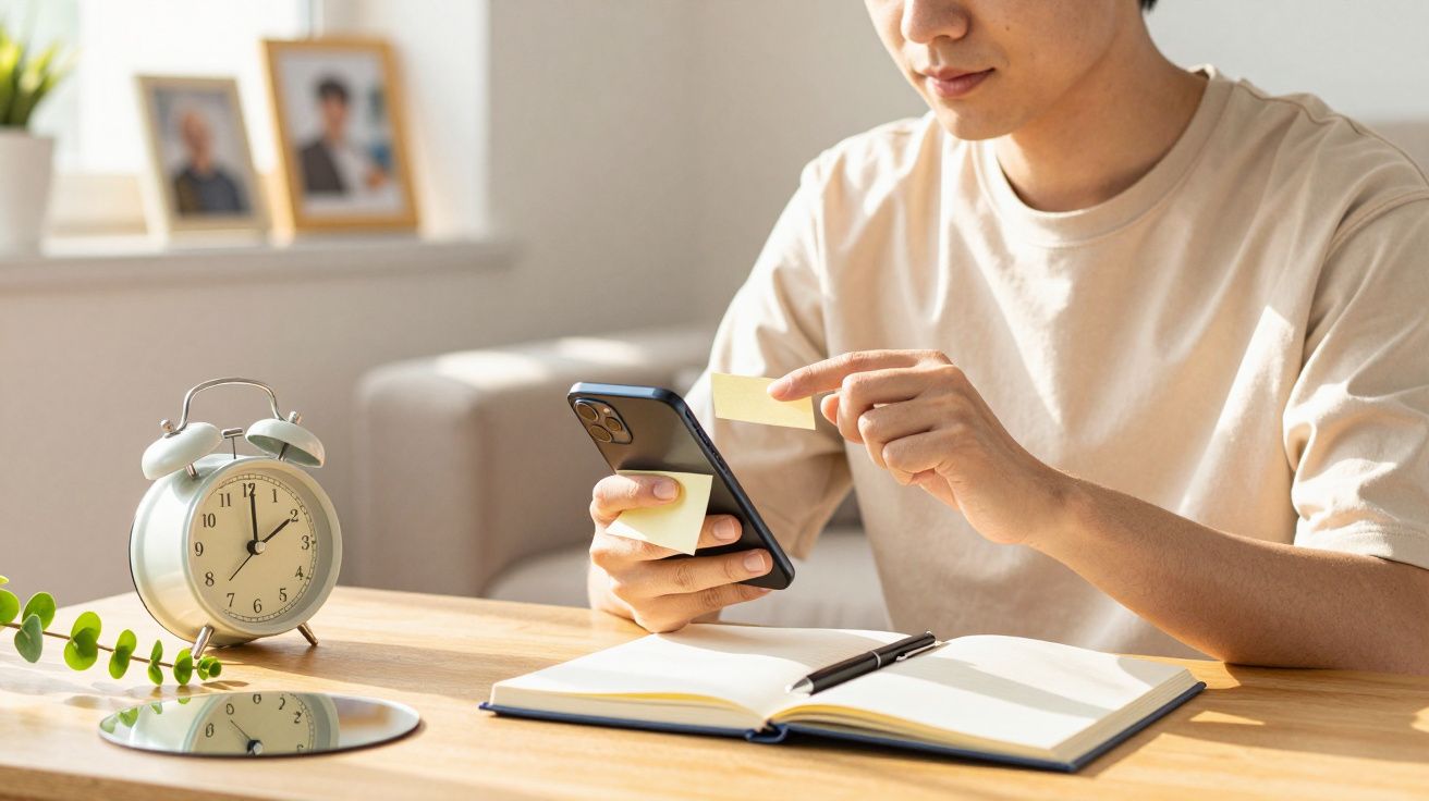Homem sentado à mesa, usando telemóvel, com post-its, caderno aberto, caneta e despertador no fundo.
