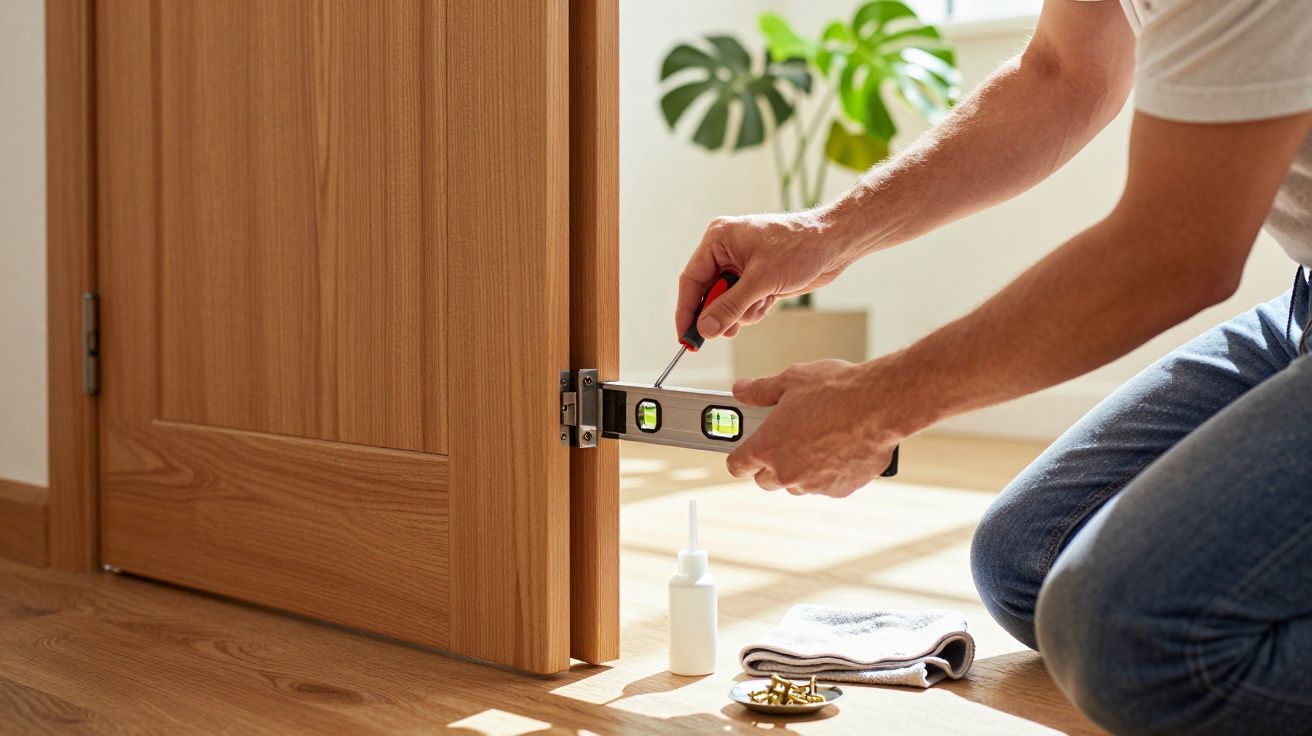 Homem ajusta dobradiça de porta de madeira com nível e chave de fenda; utensílios ao lado no chão.