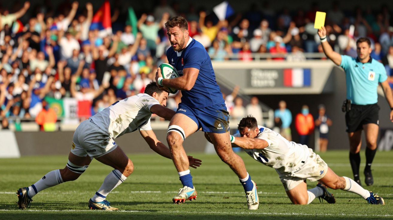 Jogador de râguebi em azul a correr com a bola, enquanto dois adversários tentam derrubá-lo. Árbitro levanta cartão amarelo.