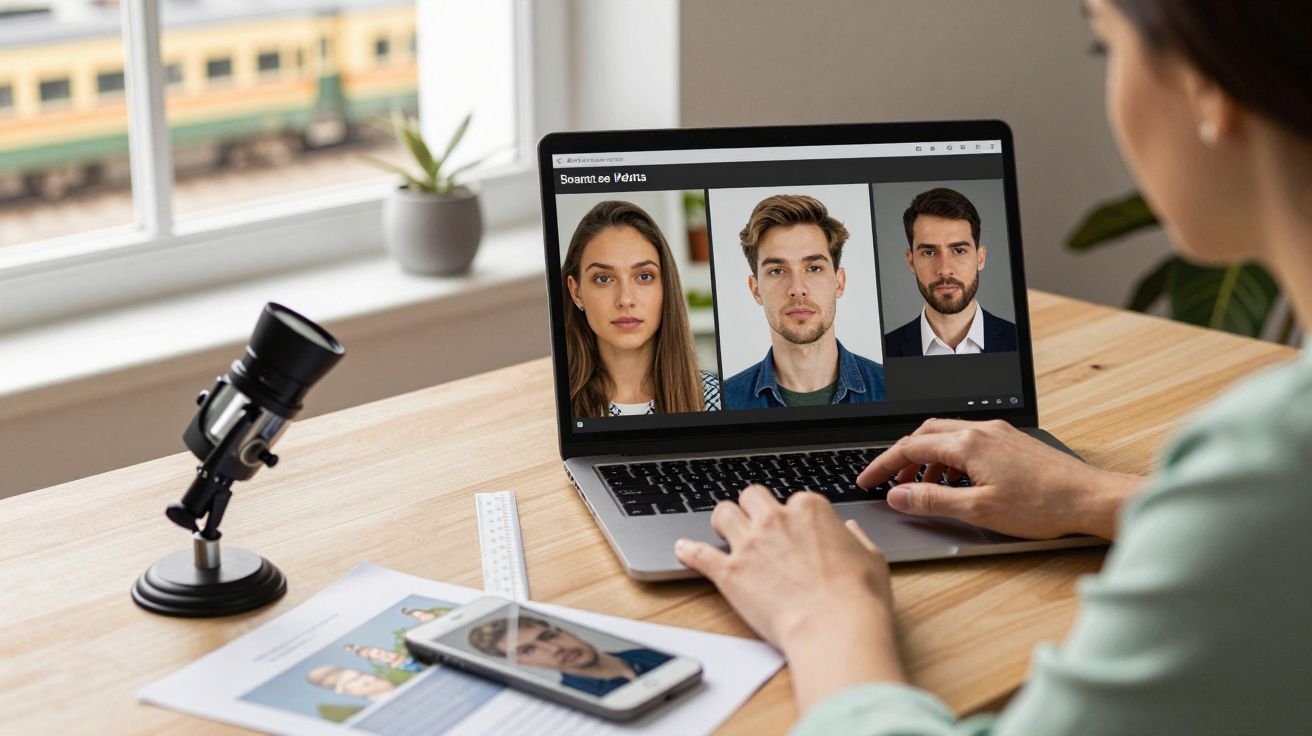 Mulher participa numa videochamada no portátil com três outras pessoas, num ambiente de trabalho moderno.