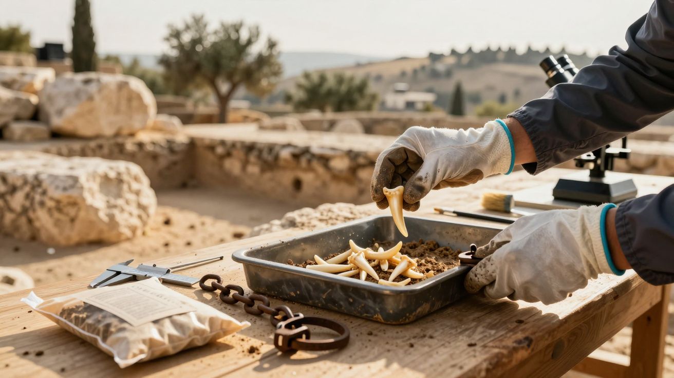 Arqueólogo com luvas examina ossos numa bandeja ao ar livre, com ferramentas e paisagem desfocada ao fundo.
