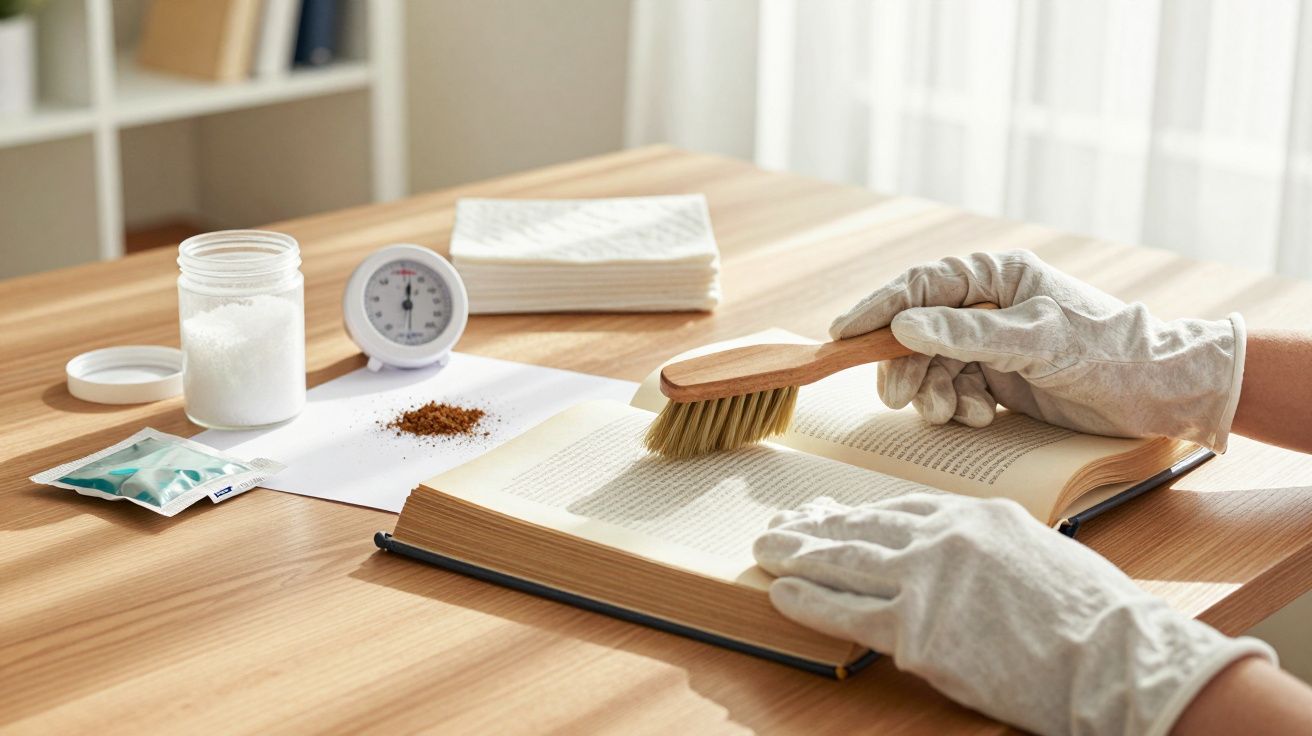 Pessoa com luvas limpa um livro antigo com uma escova sobre uma mesa de madeira, ao lado de frascos e um medidor.