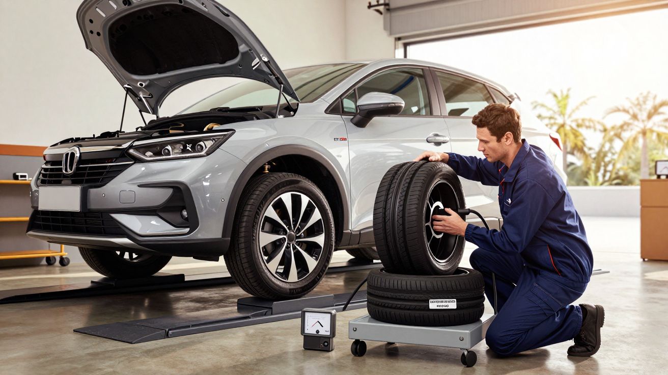 Mecânico trabalha em pneus de um carro prata com capô aberto numa oficina iluminada.