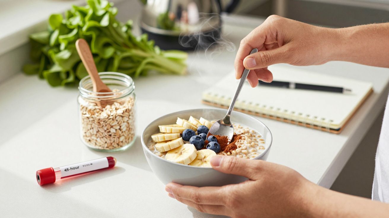 Tigela de papas de aveia com bananas, mirtilos e canela, em mãos, ao lado de frasco de aveia e blocos de notas.