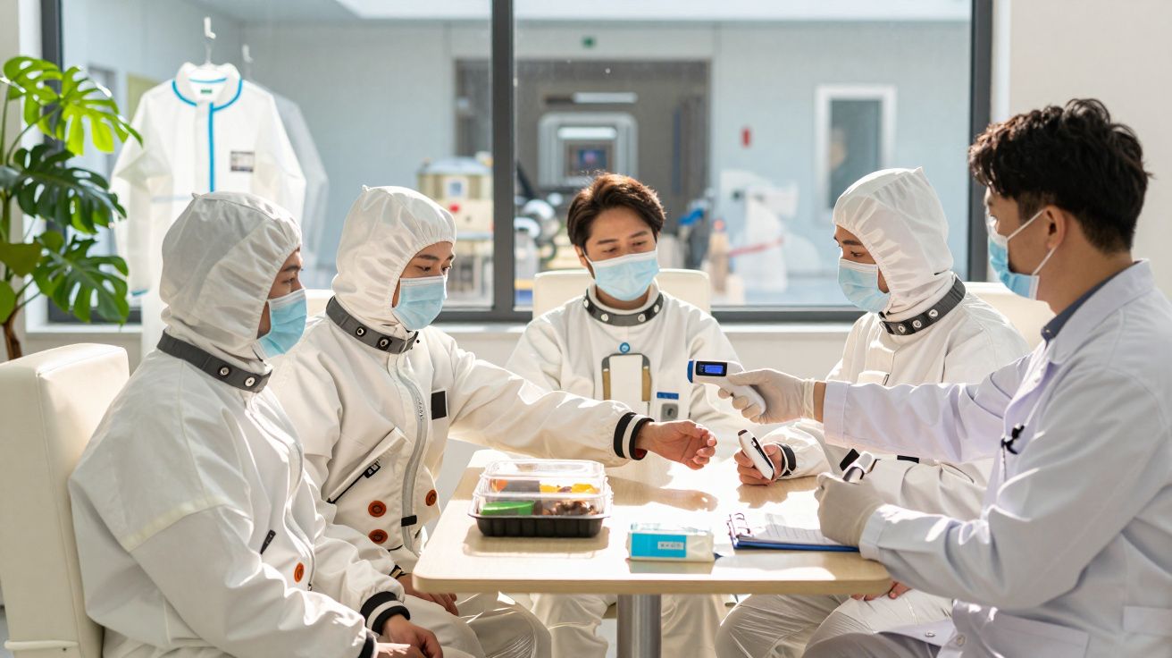 Cinco pessoas com máscaras e fatos de proteção fazem teste de temperatura numa sala iluminada.
