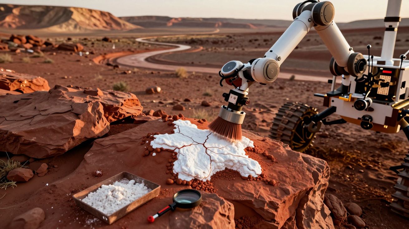 Braço robótico a coletar amostras de solo num deserto rochoso, com ferramentas ao lado. Paisagem árida ao fundo.