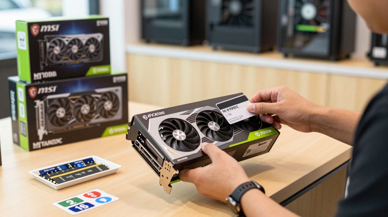 Pessoa segura placa gráfica NVIDIA na mão, sobre mesa de madeira com caixas de produto ao fundo.