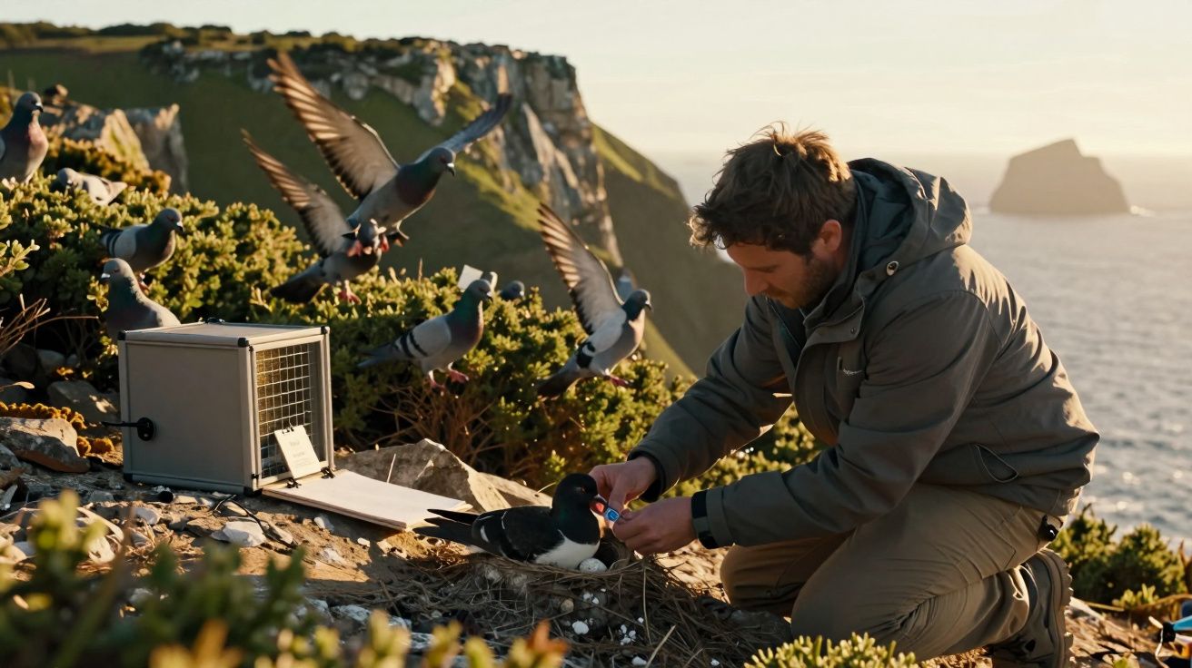 Homem anilha ave em ninho na encosta junto a gaiola, observado por pombos em voo e falésias ao fundo ao entardecer.