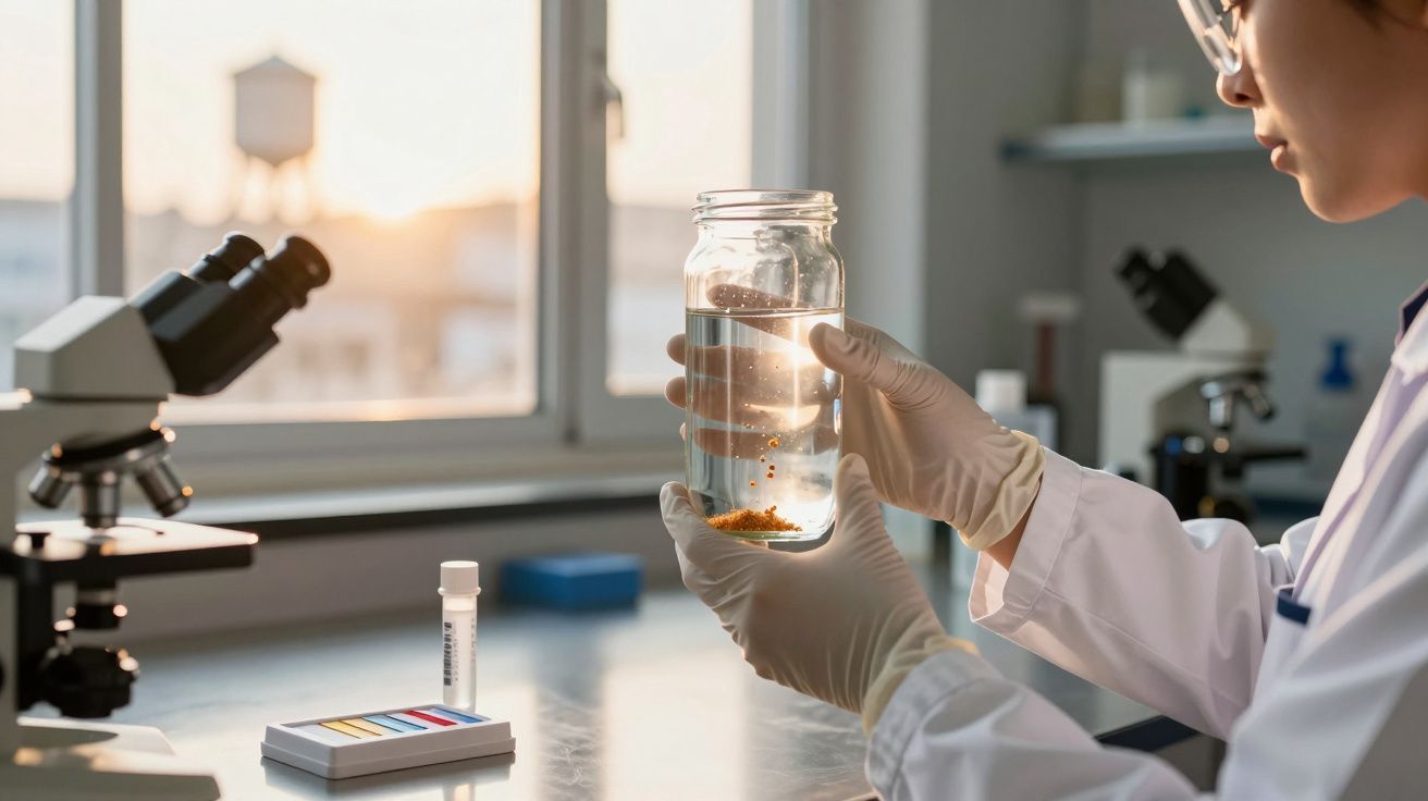 Cientista analisa amostra líquida num frasco, com microscópio ao fundo, ao pôr-do-sol numa sala de laboratório.