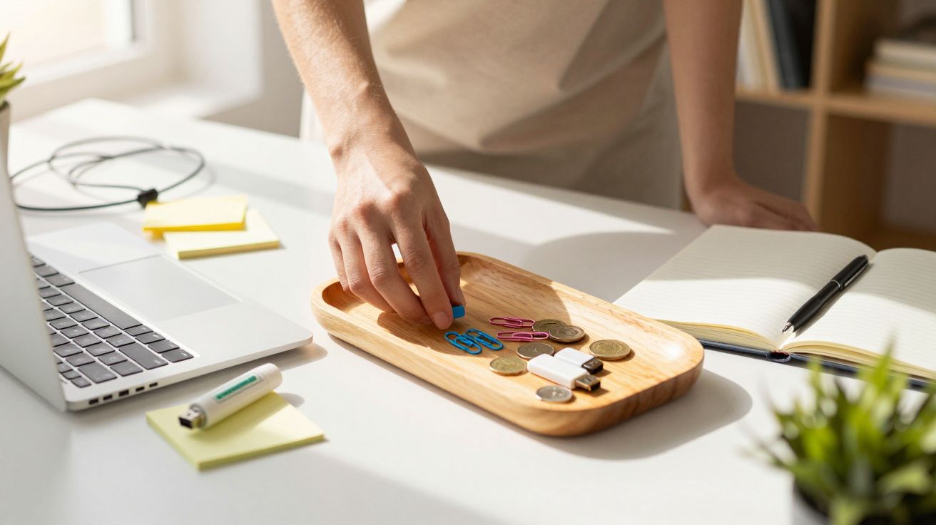 Mão a pegar em clips de papel num tabuleiro de madeira sobre mesa com portátil, caderno aberto e caneta.