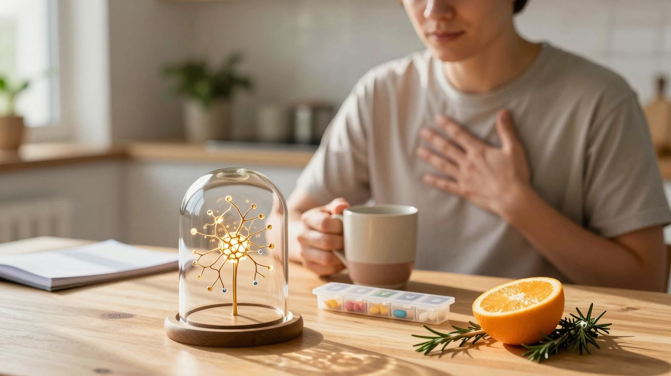 Pessoa segurando uma caneca na cozinha, ao lado de uma lâmpada decorativa, uma laranja e um organizador de comprimidos.