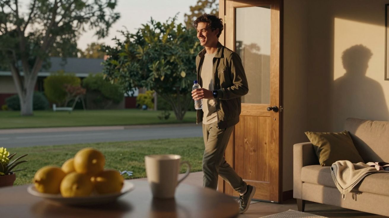 Homem sorridente entra em casa com garrafa de água na mão; sofá, limões e chávena ao fundo.
