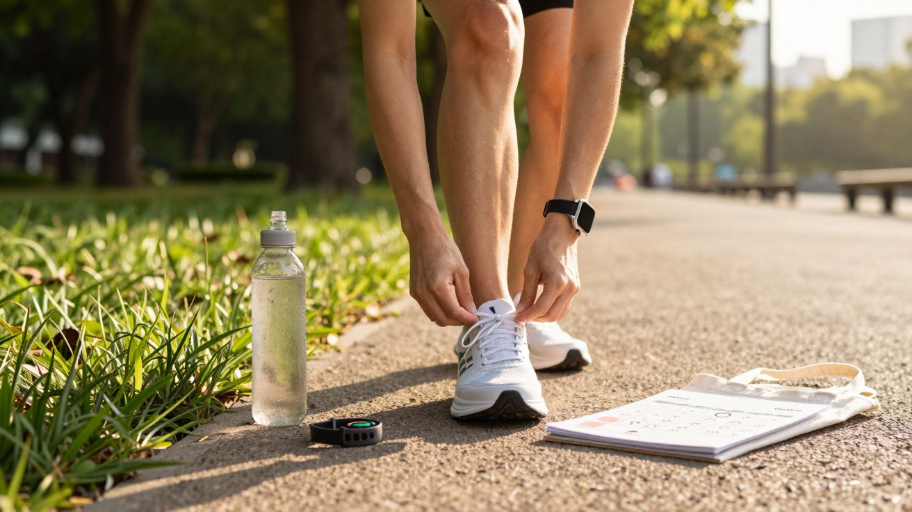 Pessoa ajoelhada a atar os atacadores de ténis num parque, com uma garrafa de água e um relógio desportivo ao lado.
