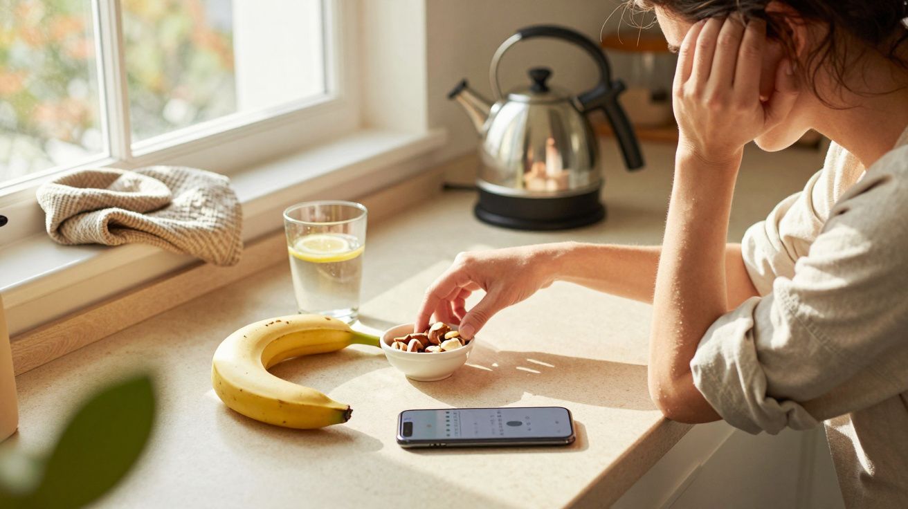 Mulher sentada à mesa com banana, água e telemóvel, pegando num snack de uma taça branca. Chaleira ao fundo.