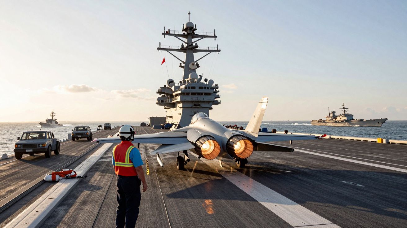 Avião de combate a decolar de um porta-aviões com pessoa e veículos ao redor, navios no mar ao fundo.