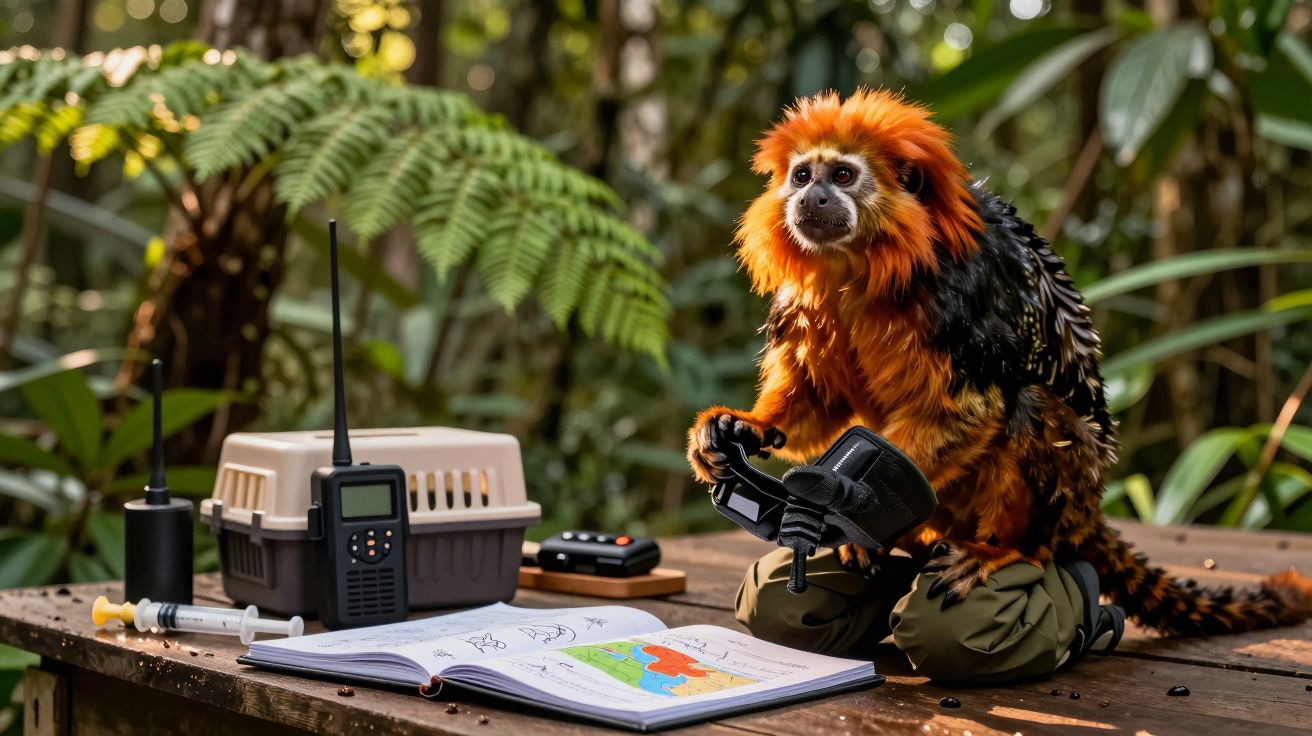 Mico-leão-dourado sentado numa mesa na floresta com rádio, seringas e mapa aberto, como se estivesse a pesquisar.