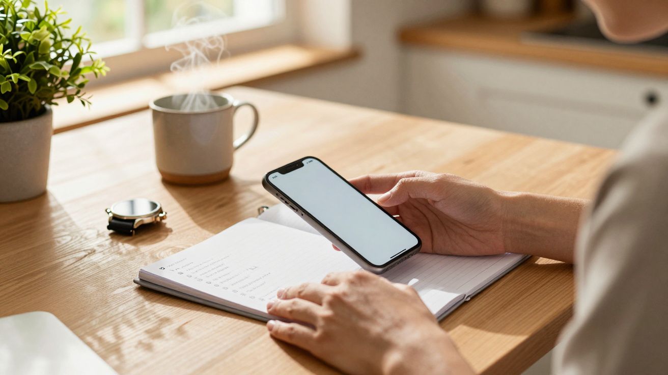 Pessoa sentada à mesa, segura um smartphone sobre um bloco de notas. Caneca e planta ao fundo.