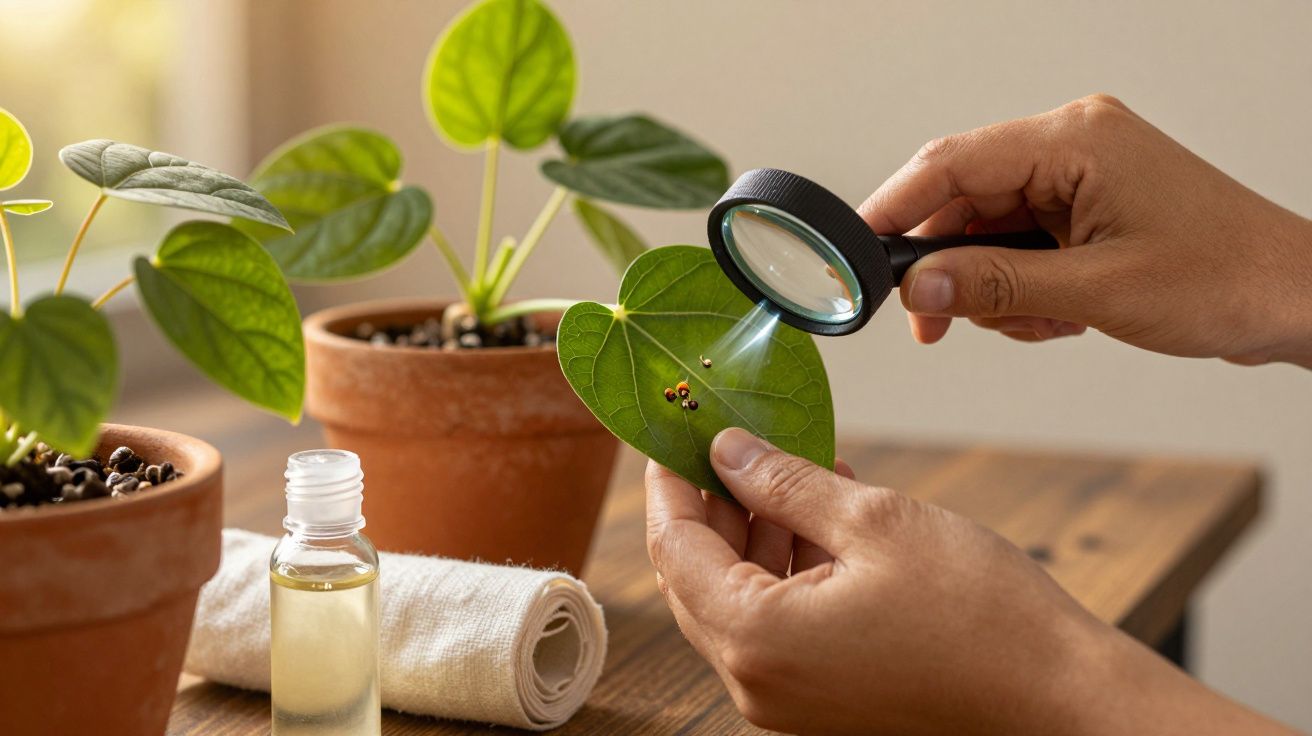 Pessoa examina folha verde com lupa, próxima a plantas em vasos e frasco de vidro sobre mesa de madeira.