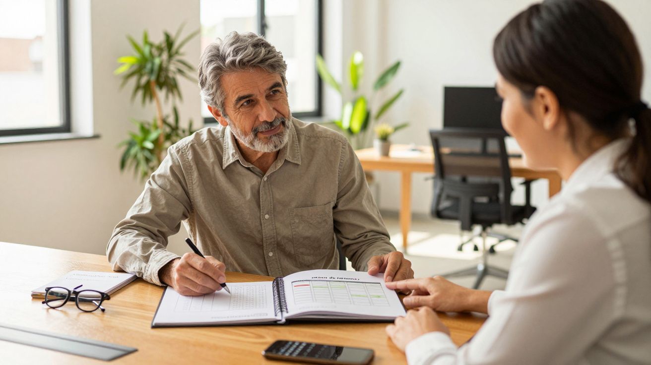 Homem de cabelo grisalho e mulher discutem documento num escritório moderno, com plantas e portátil ao fundo.