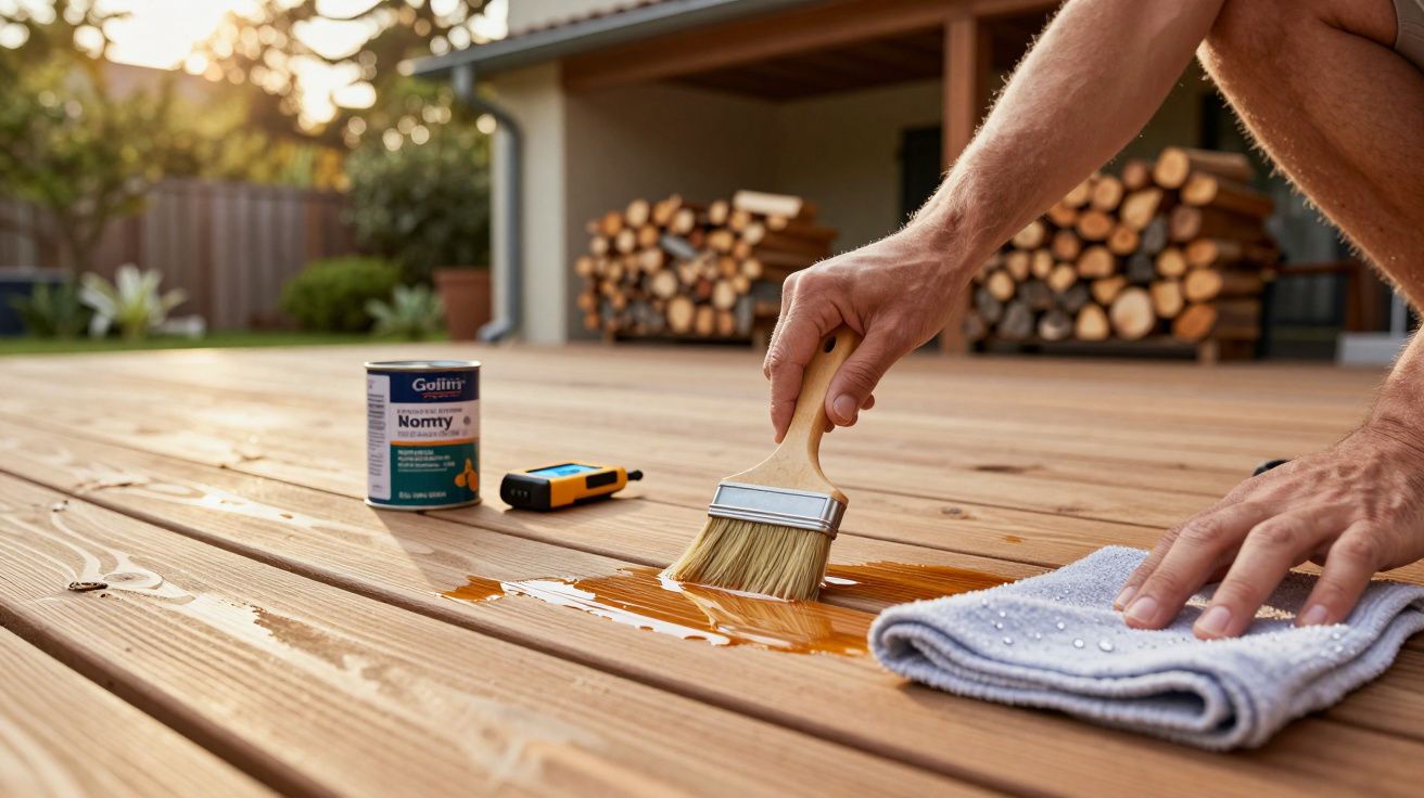 Mão pinta deck de madeira com verniz, lata e ferramentas ao lado; sol e lenha ao fundo.