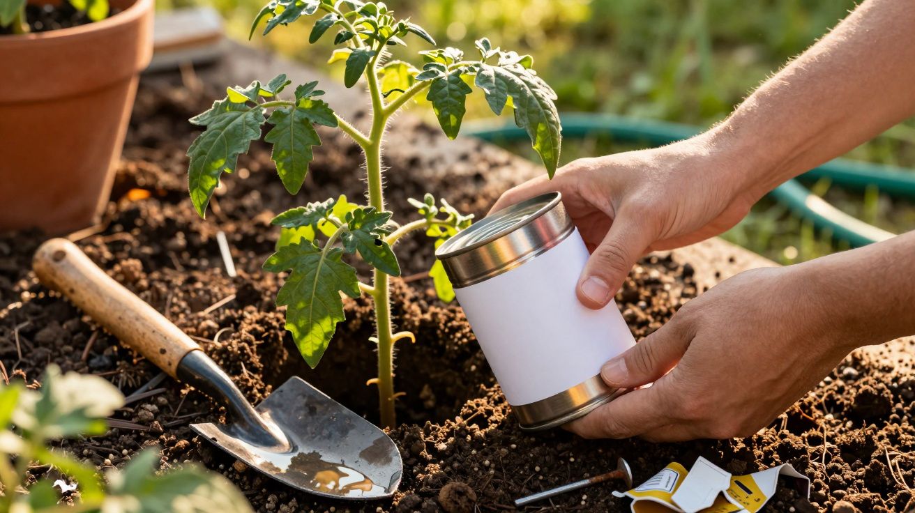Pessoa a plantar um tomateiro no jardim, segurando um recipiente de fertilizante ao lado de uma pá na terra.