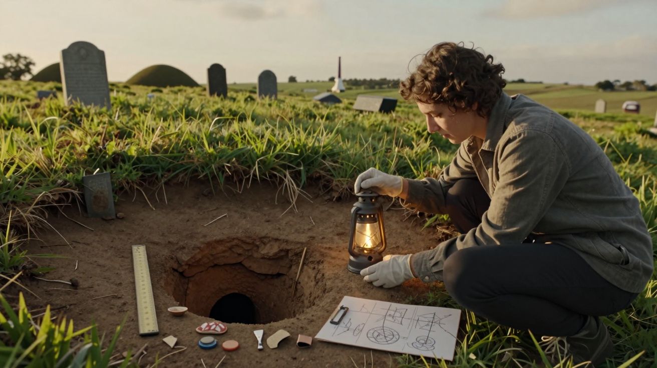 Pessoa ajoelhada num cemitério com uma lanterna ao lado de um buraco, segurando desenhos e instrumentos de medição.