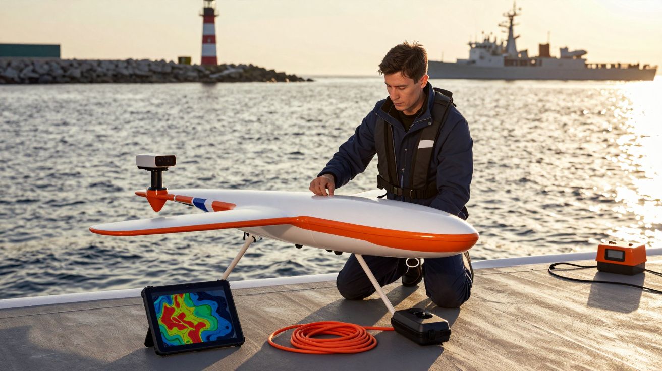 Homem ajusta drone em cais, com tablet exibindo mapa e barco ao fundo em dia ensolarado.
