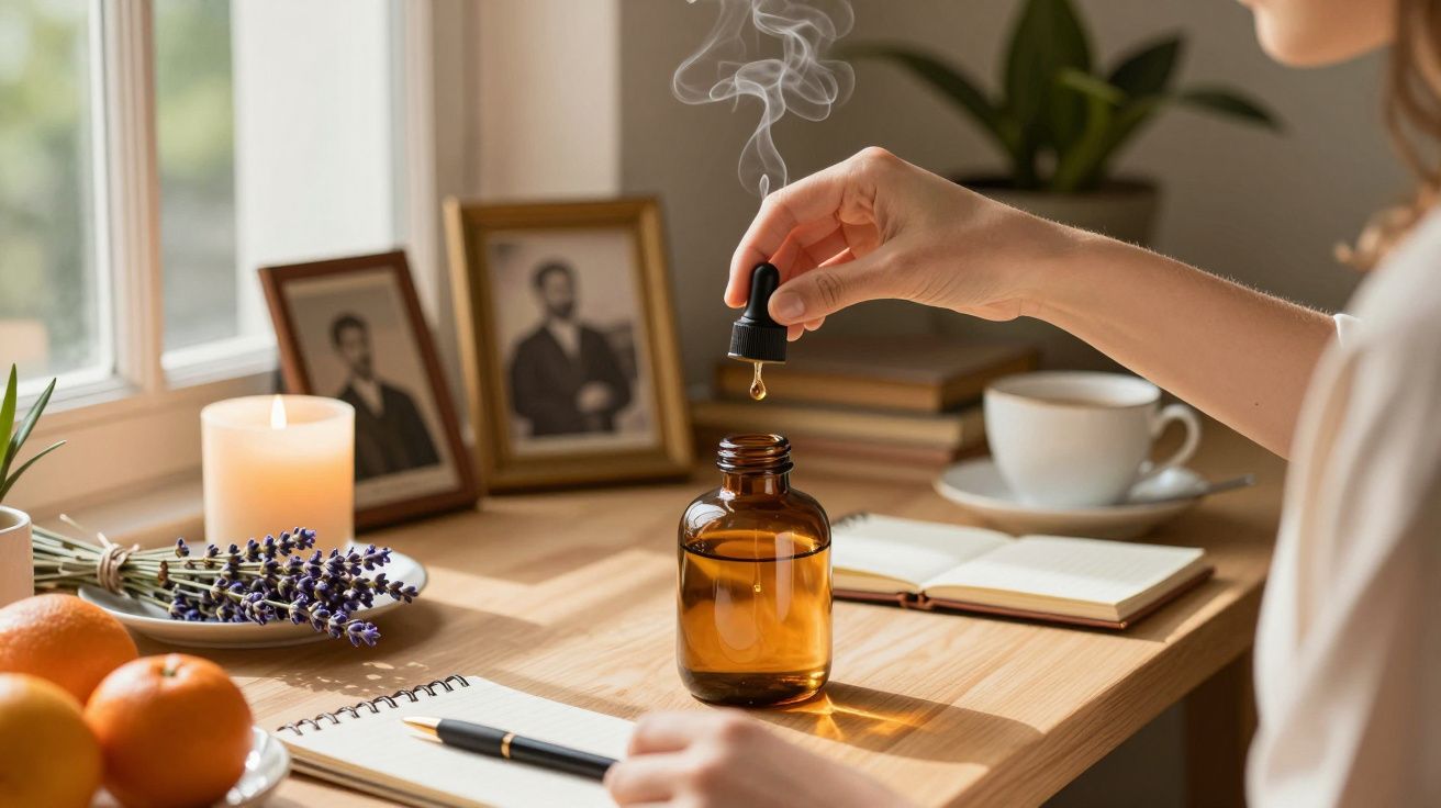 Mão vertendo óleo essencial em frasco âmbar, com livros, chávena, lavanda e velas numa mesa de madeira junto à janela.