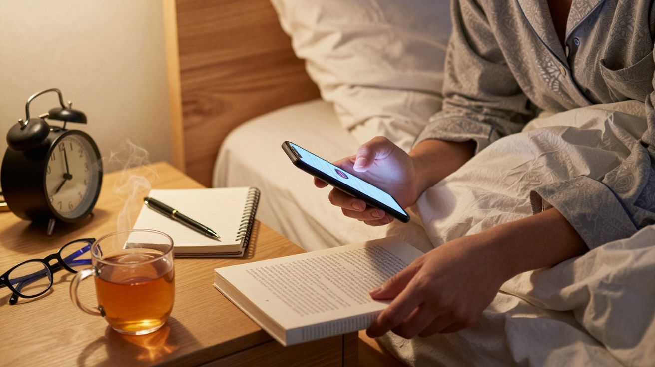 Pessoa na cama a usar telemóvel, com livro aberto, chá e relógio na mesa de cabeceira.
