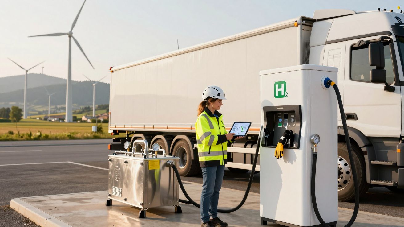 Mulher em posto de hidrogénio abastece camião, turbinas eólicas ao fundo.