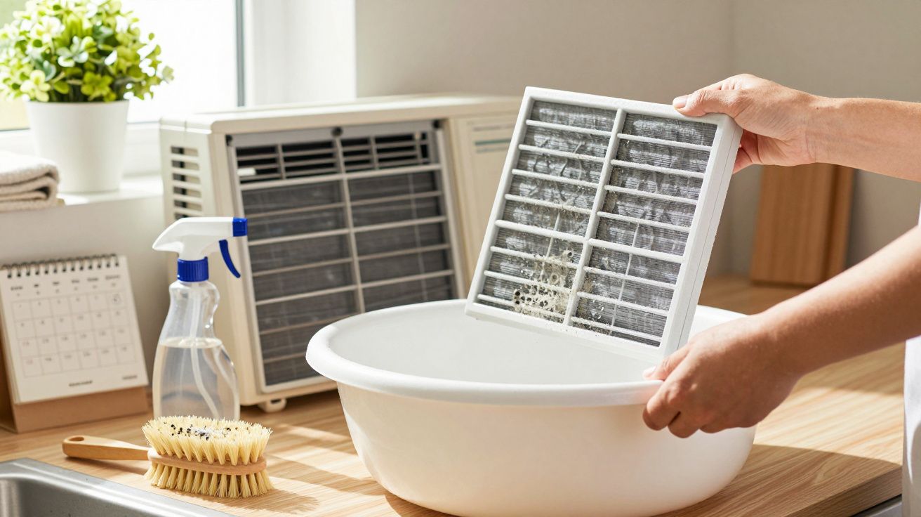 Pessoa a limpar um filtro de ar condicionado numa bacia branca sobre uma bancada de madeira, ao lado de um pulverizador.