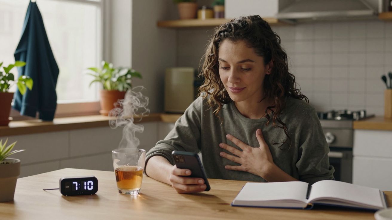 Mulher sentada à mesa, ao lado de chá quente, consulta telemóvel. Despertador mostra 7:10. Cozinha ao fundo.
