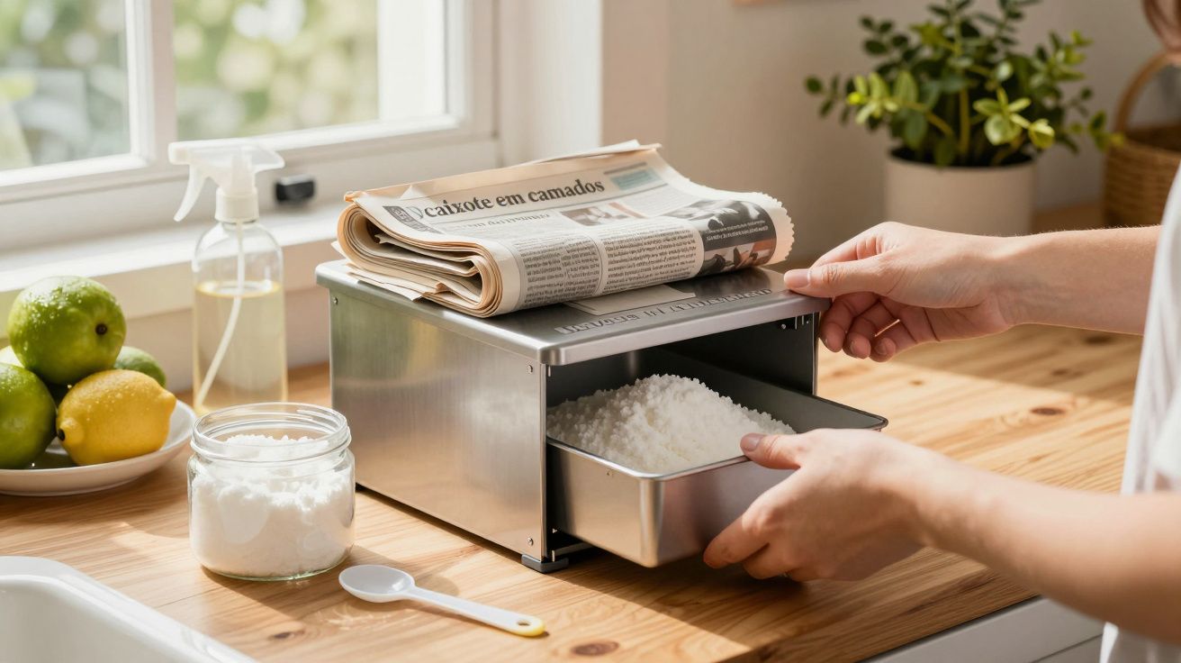 Pessoa retirando arroz de um recipiente de aço inoxidável numa cozinha com limões ao fundo.