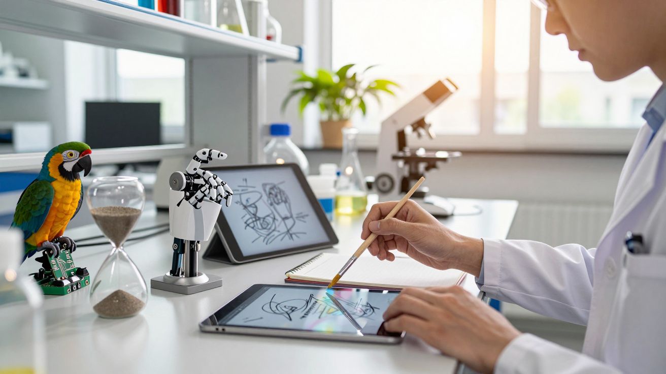 Cientista desenha num tablet em laboratório com papagaio, ampulheta e robô na bancada ao lado.