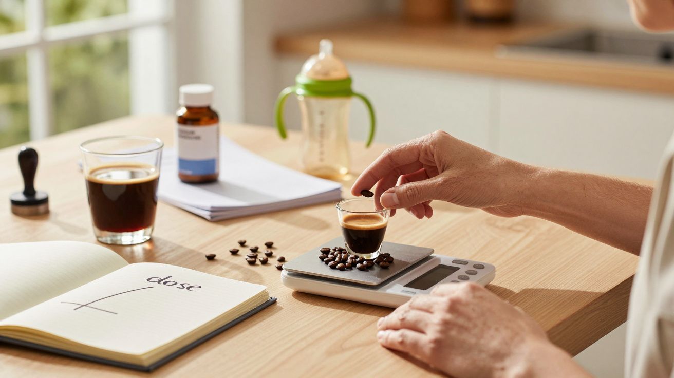 Pessoa a medir café numa balança de cozinha com xícara ao lado, caderno aberto e biberão no fundo.
