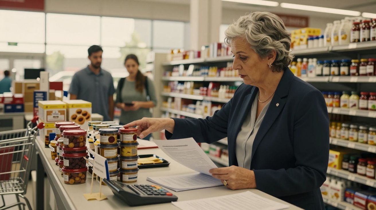 Mulher de cabelo grisalho verifica documentos numa loja, ao lado de latas empilhadas e uma calculadora.