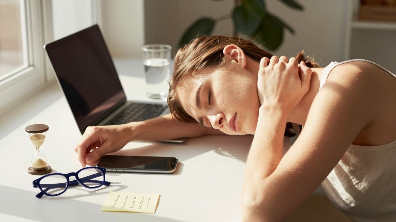 Mulher cansada com dor no pescoço, debruçada sobre a mesa com portátil, óculos e ampulheta ao lado.