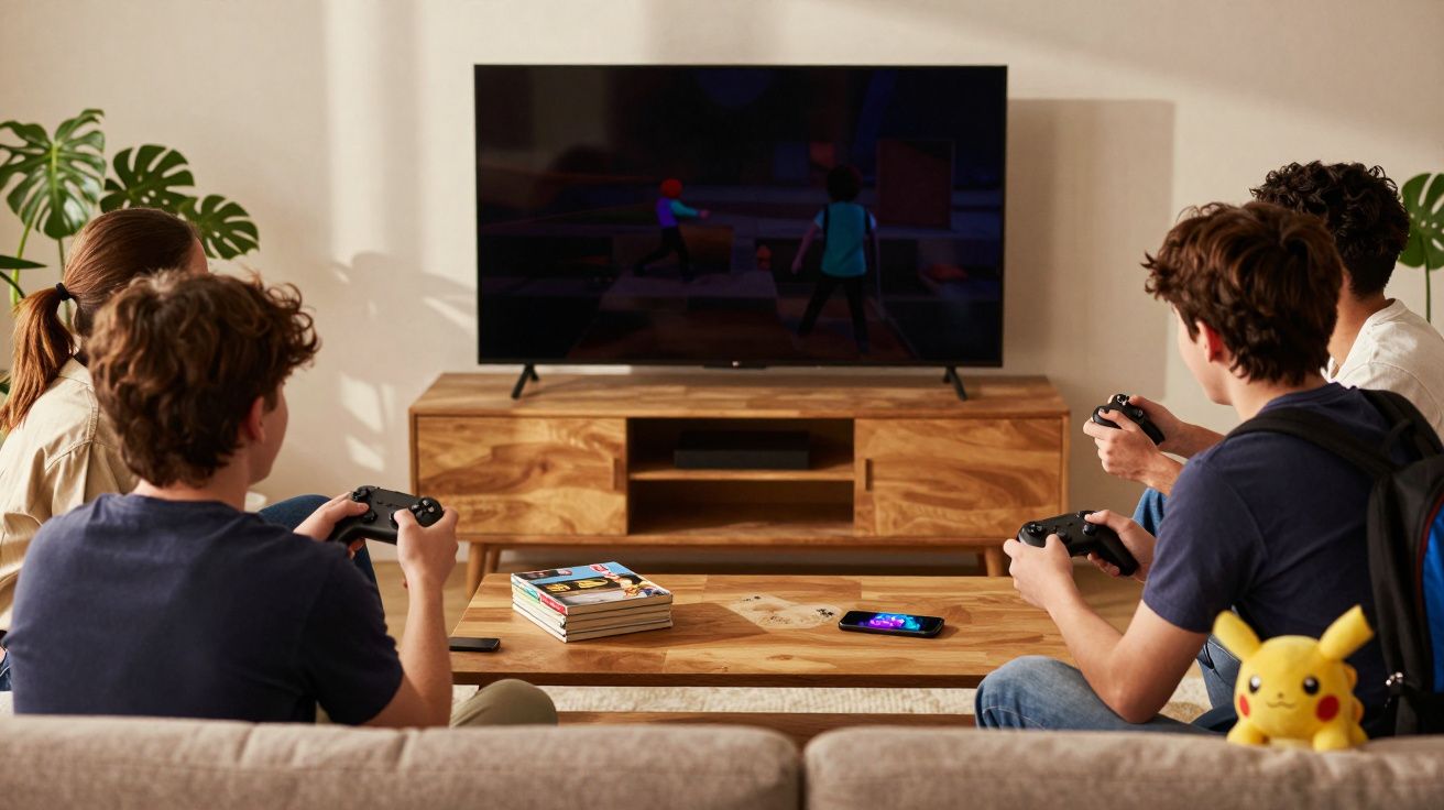 Quatro pessoas jogam videojogo numa sala, com comandos, em frente a uma TV grande.