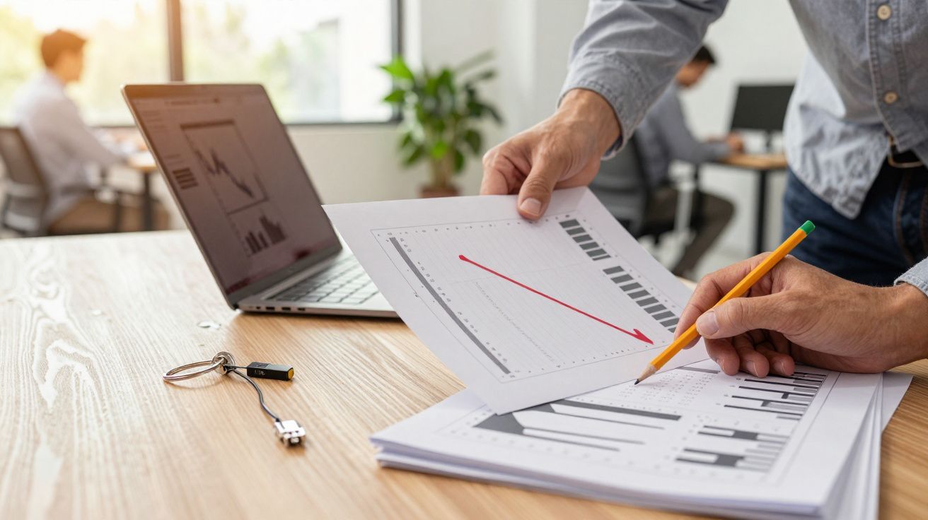 Pessoa analisa gráficos em papéis sobre mesa de escritório, com portátil em segundo plano.