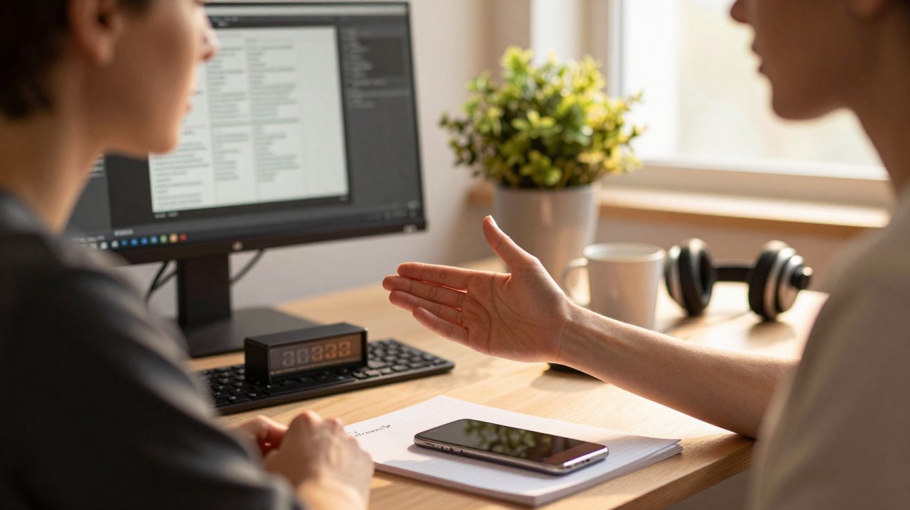 Pessoas discutindo em frente a um computador com documentos, relógio digital e planta sobre a mesa.