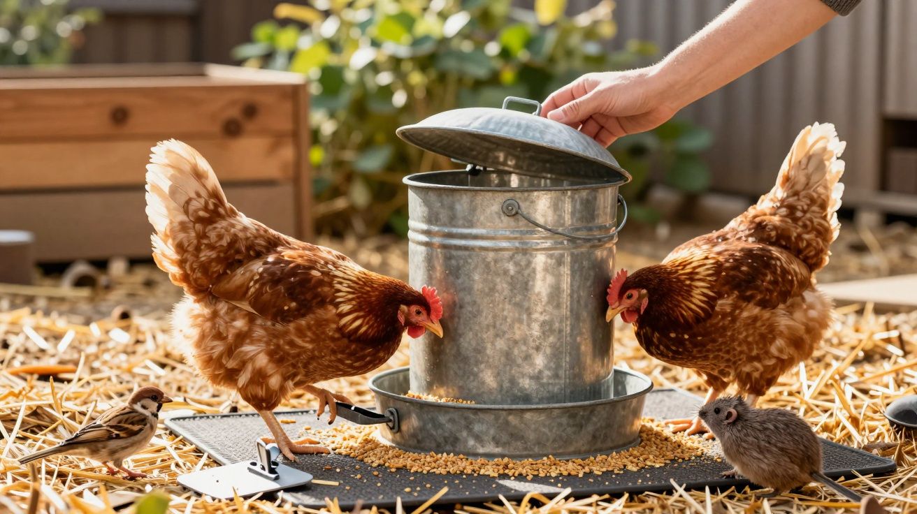 Duas galinhas e dois pássaros pequenos a comerem milho de um alimentador metálico num quintal com palha.