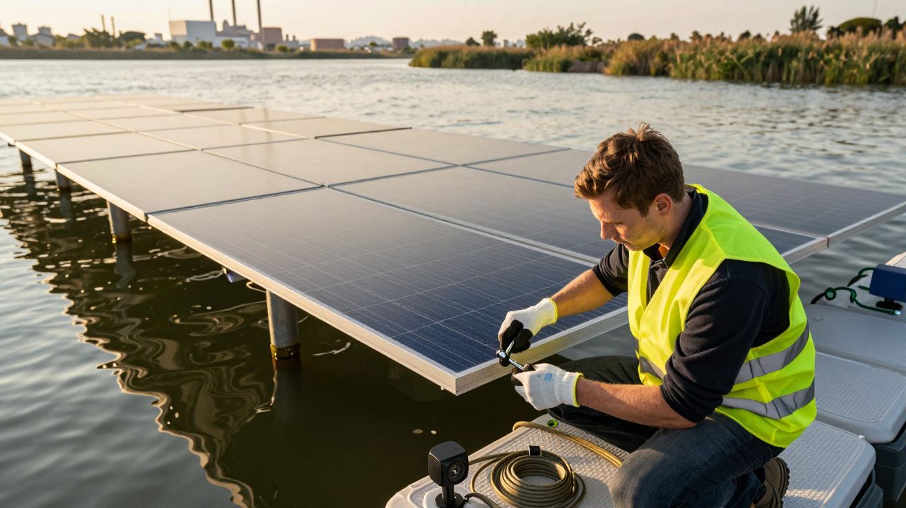 Técnico num colete refletor instala painéis solares flutuantes num lago ao pôr do sol.