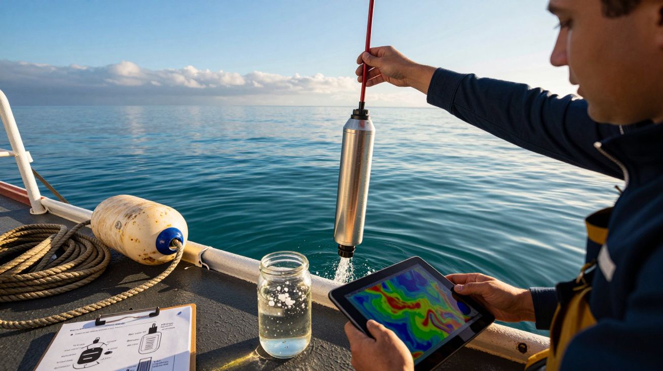 Homem em barco recolhe dados com sonda no mar, tablet e jarra de água ao lado, caderno de anotações na proa.