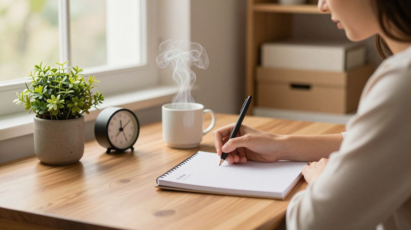 Mulher escreve em caderno numa secretária com planta, chávena de café fumegante e relógio, junto a janela iluminada.