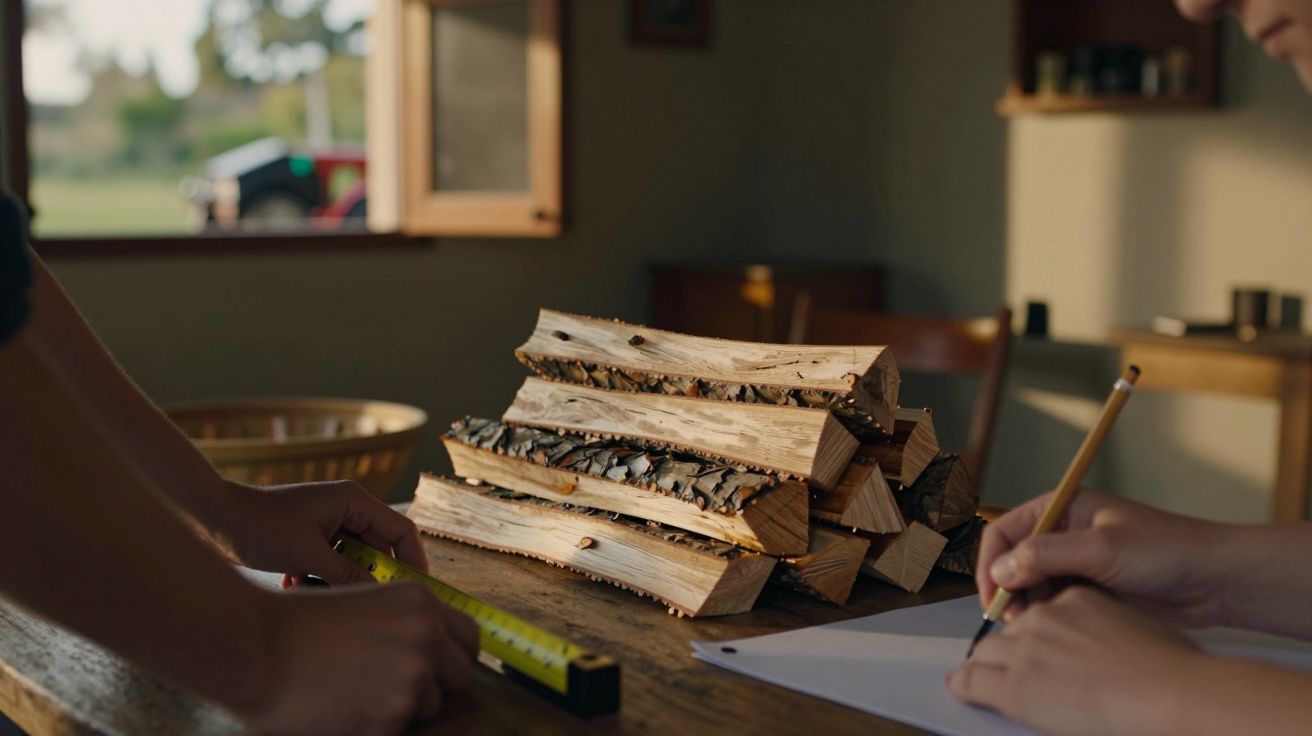 Duas pessoas medem e escrevem num papel ao lado de uma pilha de lenha num ambiente interior iluminado.