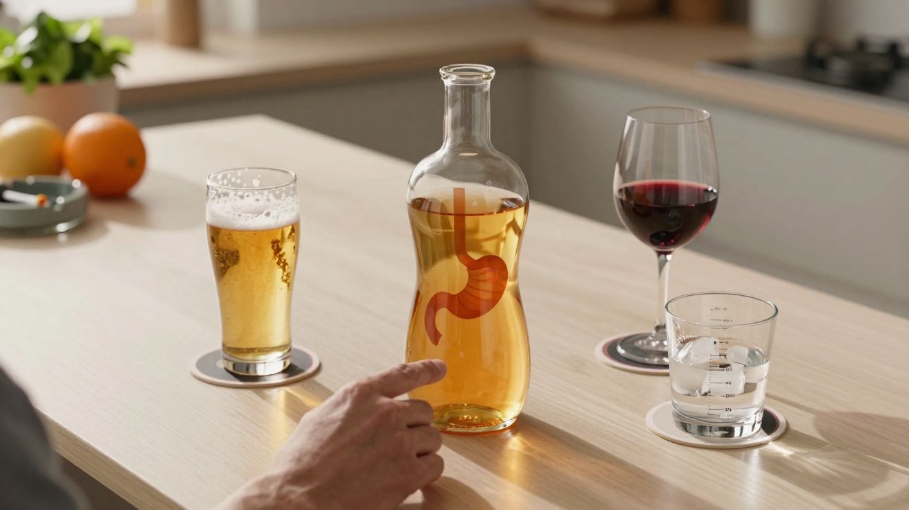 Três copos com cerveja, vinho e água ao lado de garrafa com estômago desenhado, mão apontando na mesa de madeira.