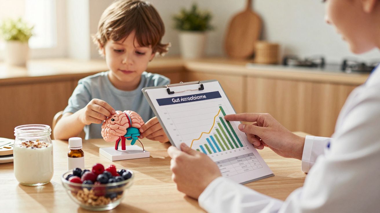 Criança brinca com modelo de cérebro; profissional aponta gráfico em consulta numa cozinha com comida saudável.