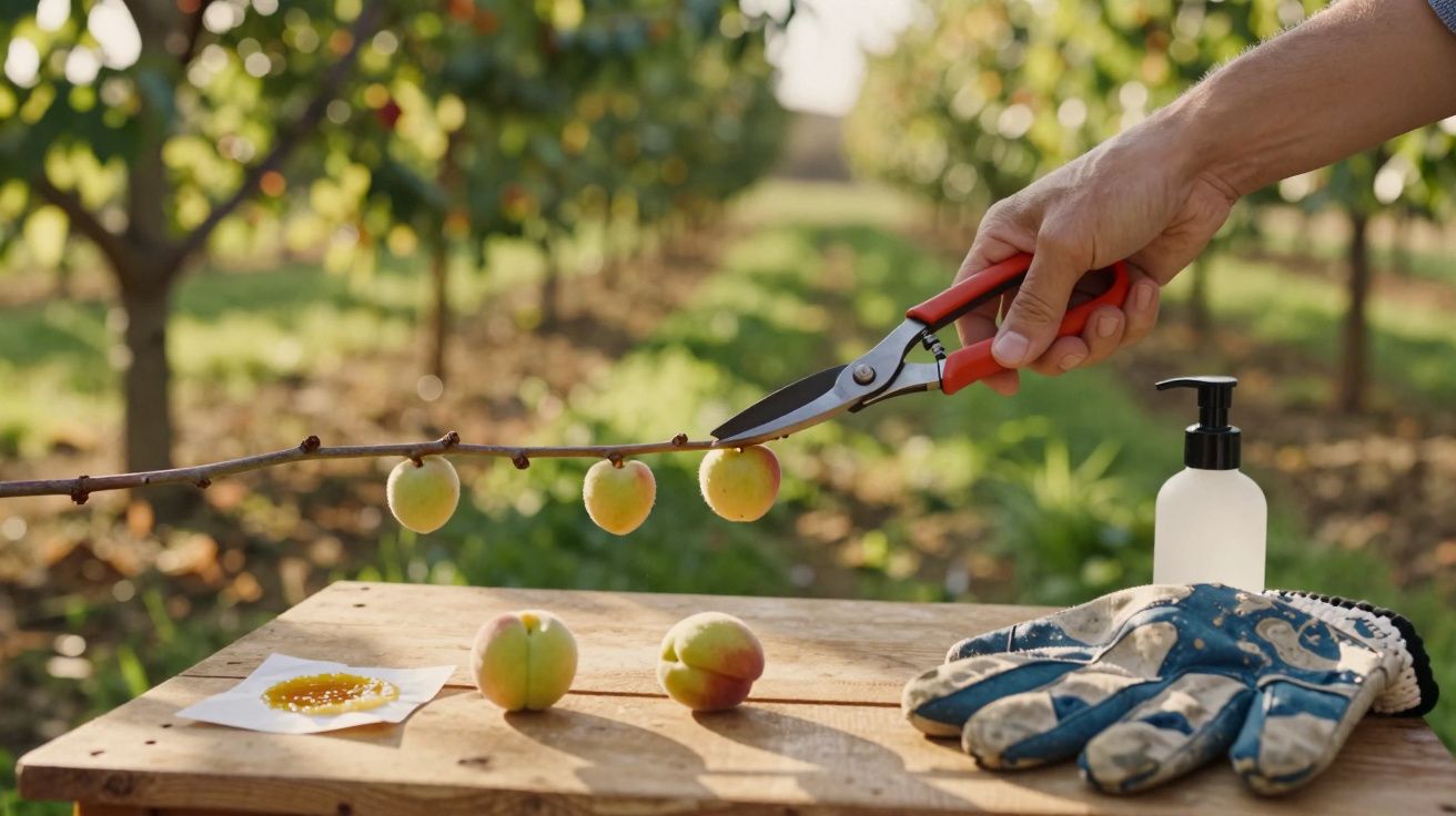Pessoa a podar ramo de macieira com tesoura, numa mesa com maçãs, luvas e desinfetante no campo.