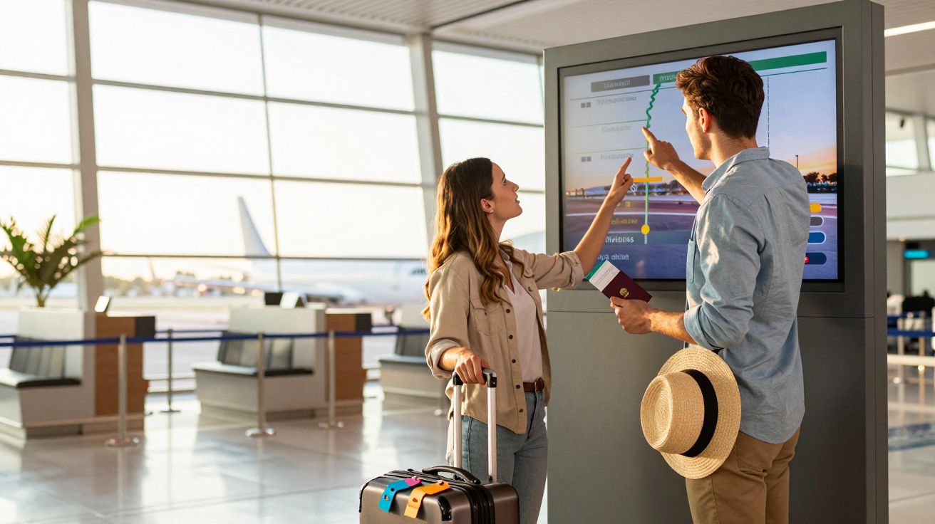 Casal no aeroporto consulta ecrã de informações de voo, mulher com mala e homem com chapéu e passaporte.